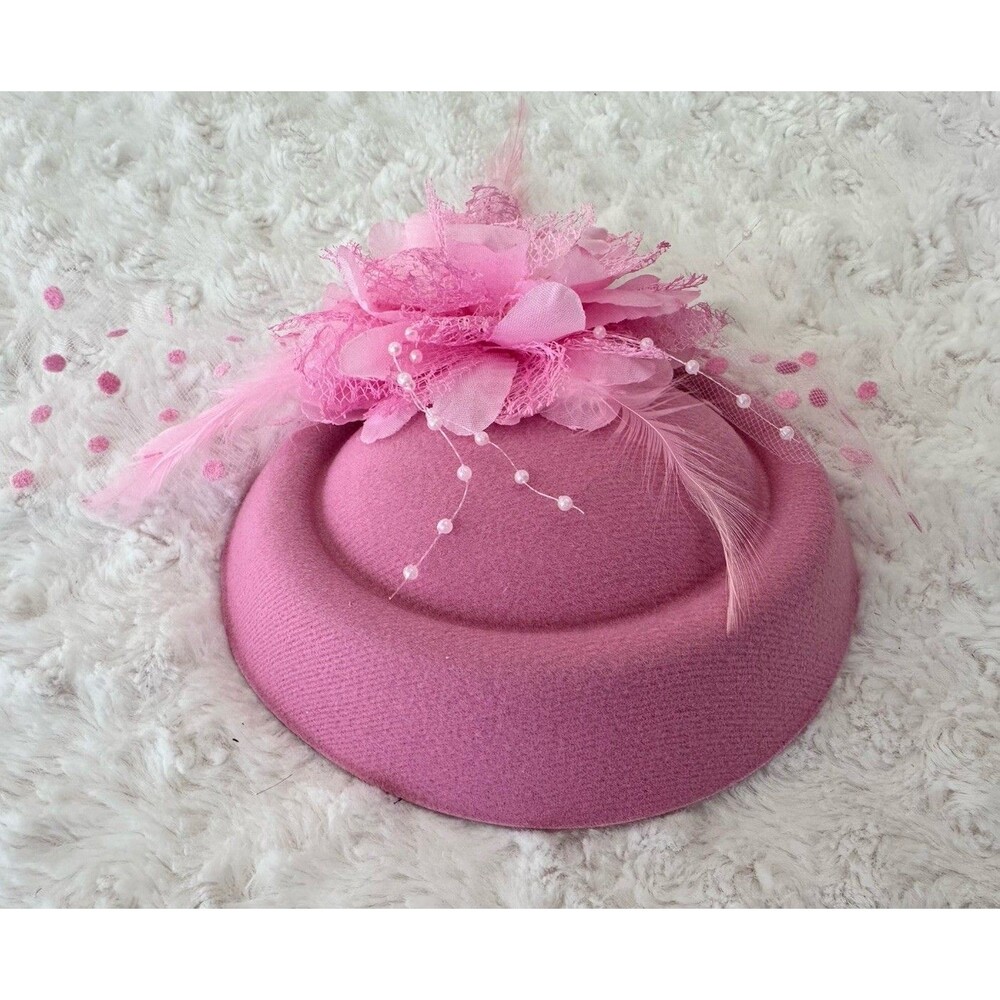 Pink Polkadots Fascinator Pillbox Flower Feather Hat Hair Clip Wedding Tea Party